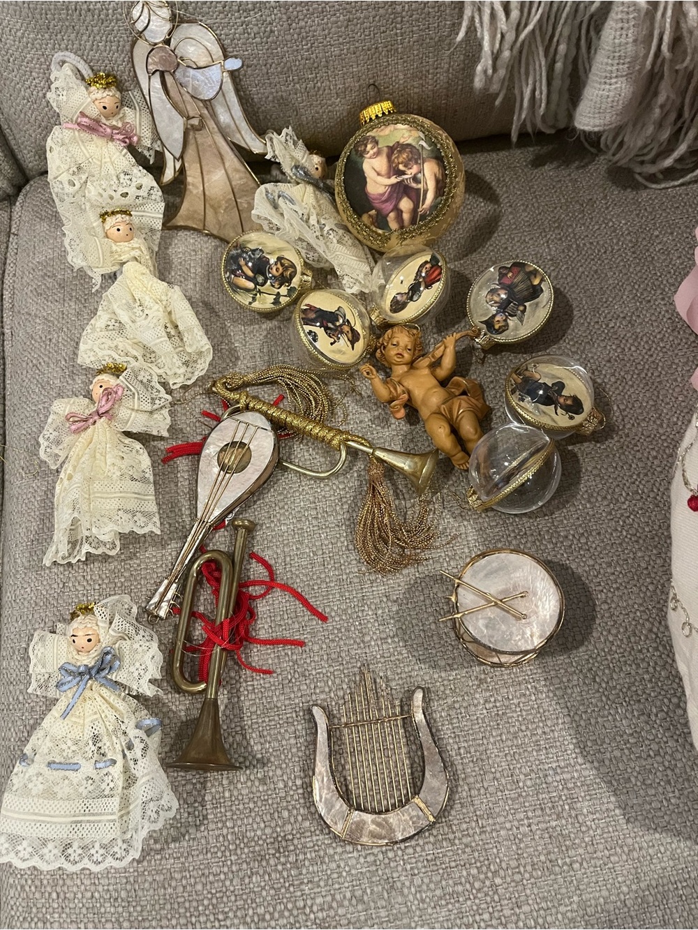 Vintage-Inspired Angel and Musical Ornament Set - Cream and Gold
